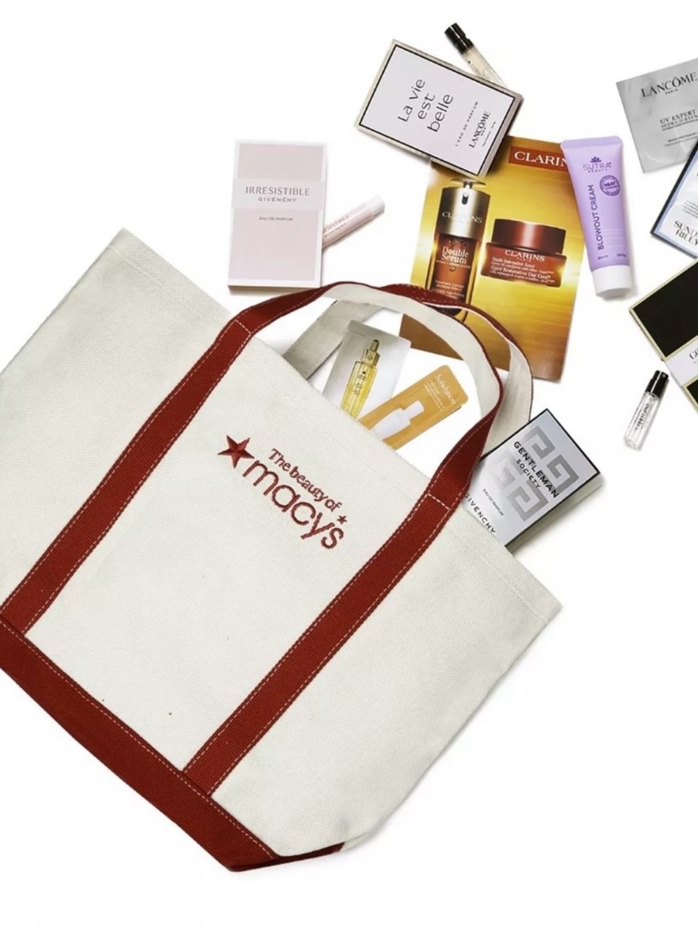 Bundle Makeup Clarins other brands Canvas Tote with Red Trim New